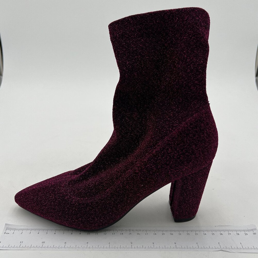Purple Pointed Toe Chunky High Heel Mid Calf Boots Pull On Dress Shoes